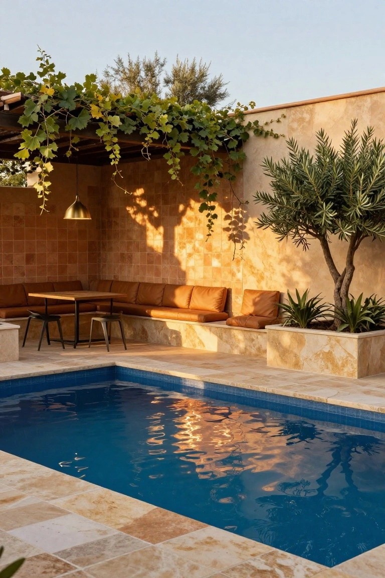 Small blue-tiled plunge pool next to terracotta walls with built-in tan benches, wooden dining table, metal chairs, hanging vines, olive tree, and travertine paving in a sunny outdoor courtyard.