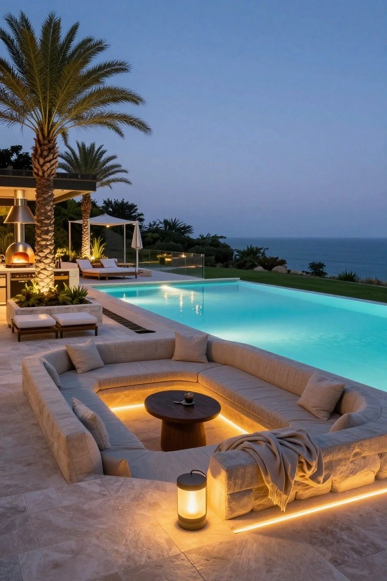 Curved built-in beige sofa seating with central wooden table and underlit LED strips next to an infinity-edge pool at dusk, surrounded by palm trees, lounge chairs, pizza oven, and ocean horizon on a terracotta-tiled terrace.