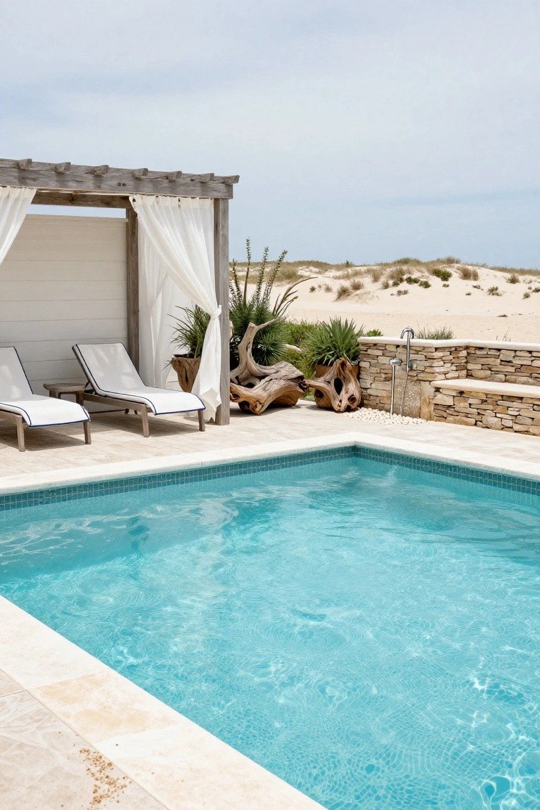 Turquoise tiled pool with white lounge chairs under a wooden pergola cabana draped in white sheer curtains, flanked by potted plants, driftwood, and a stone outdoor shower, with sandy dunes and vegetation in the background.