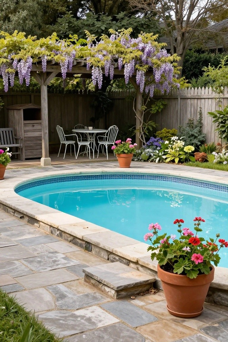 Lush backyard with wisteria-covered pergola, kidney-shaped pool, and potted flowers.