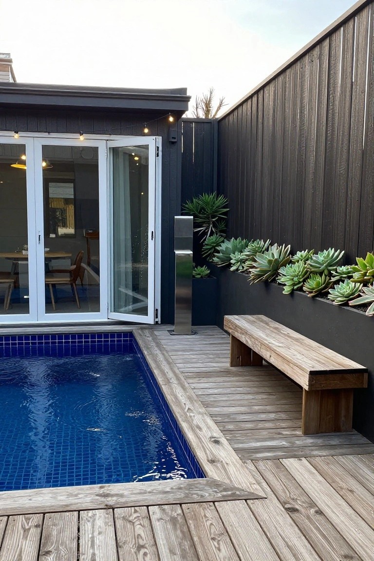 Small rectangular blue-tiled plunge pool surrounded by wooden decking, with a wooden bench on the deck, black rectangular planters filled with succulents along a dark timber fence, and open white bifold doors from a black-clad house wall.