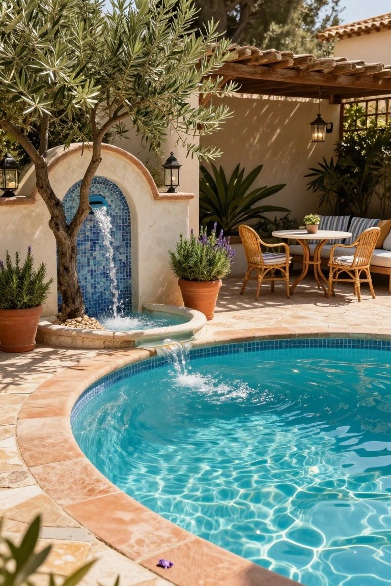 Curved turquoise pool with water flowing from a blue mosaic fountain arch integrated around an olive tree trunk, adjacent to potted plants, wicker dining set, and stone patio paving.