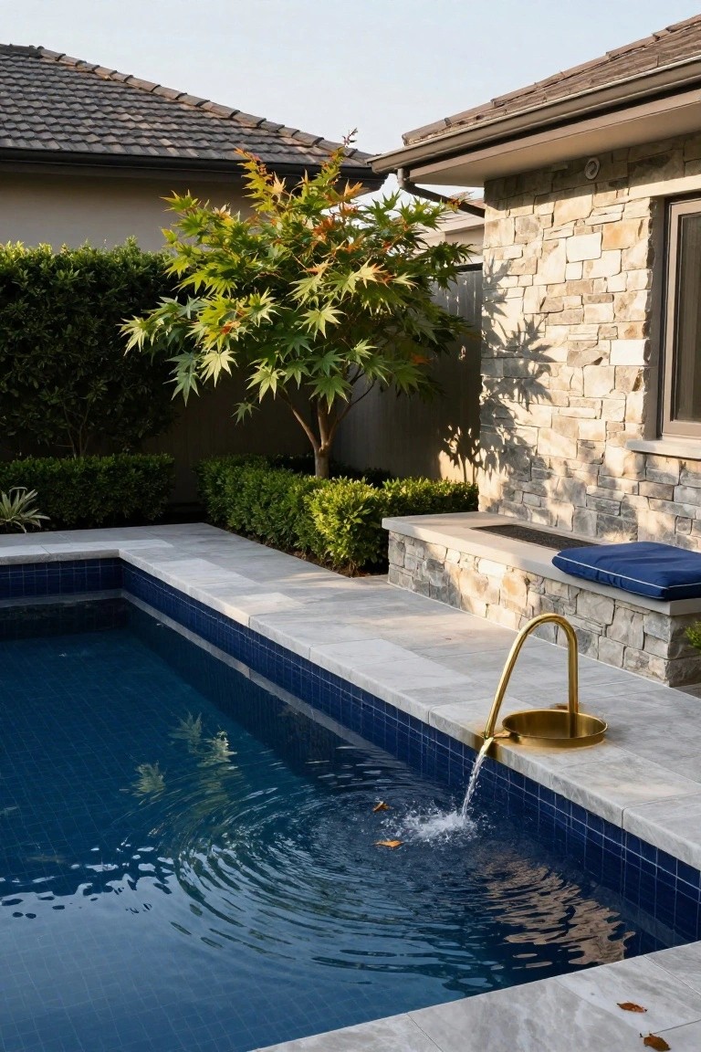 Rectangular inground pool with blue mosaic tiles and gray stone decking, featuring a golden arch-shaped fountain pouring water into the pool, a built-in bench on a stone wall, hedges, and a Japanese maple tree in the background.
