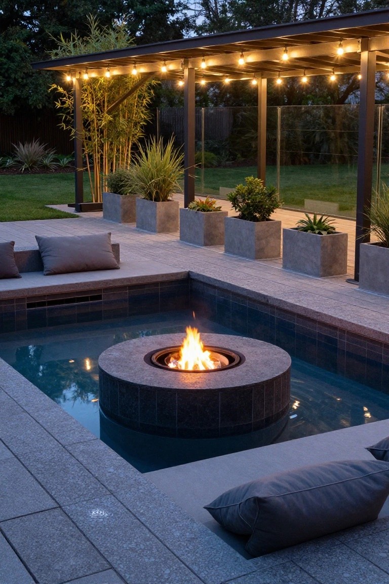 Inground pool with a circular stone gas fire pit in the shallow end surrounded by gray pavers, lounge cushions, potted plants, and a pergola strung with lights in a backyard at dusk.