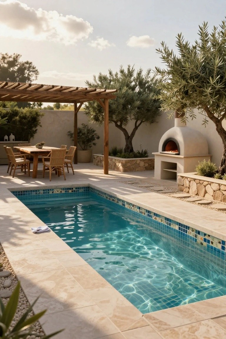 Small rectangular inground pool with blue mosaic tile borders and light stone decking, next to a wooden dining table under a pergola, white wood-fired pizza oven, olive trees, and stone walls in a sunny courtyard.