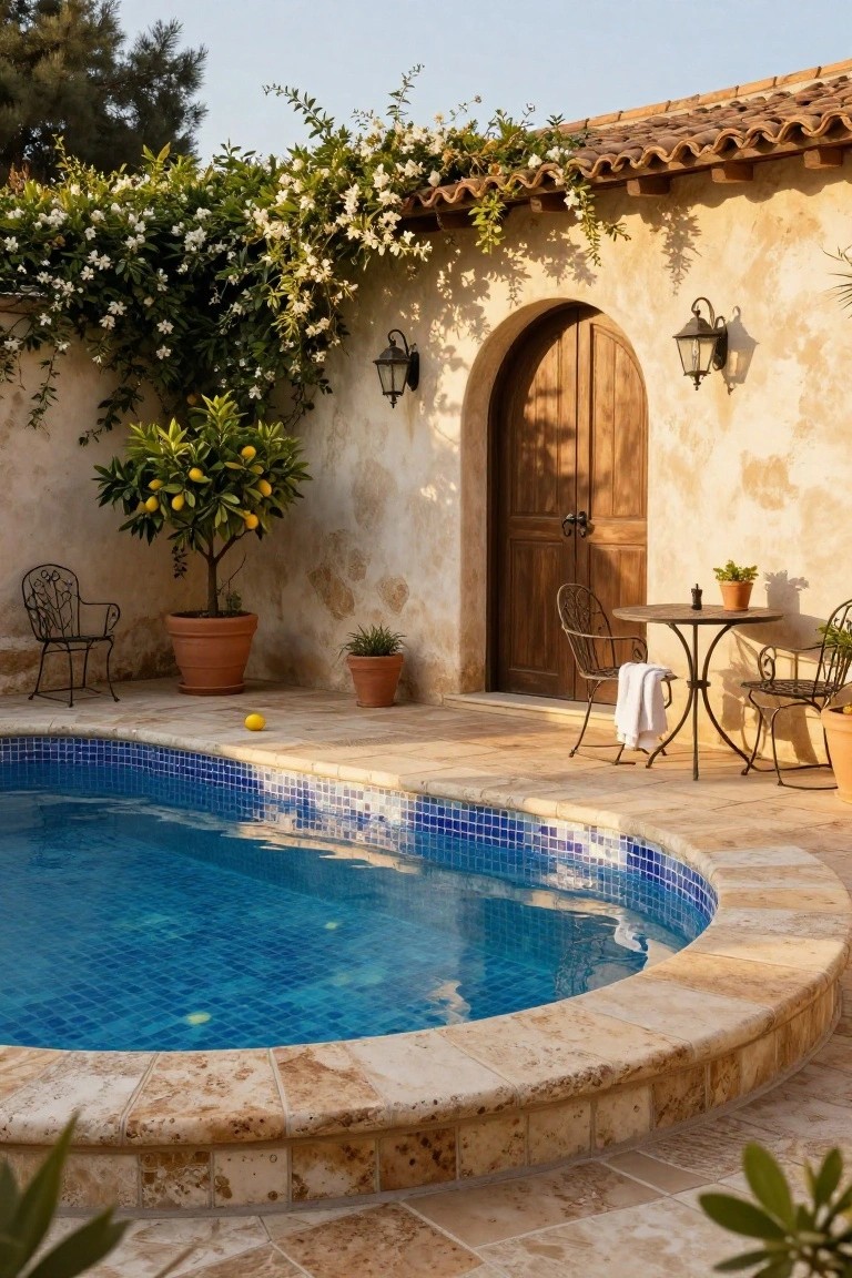 Curved inground pool with blue mosaic tiles next to a stone patio holding a small round metal table, two wrought-iron chairs with towels, potted lemon tree, and potted plants, beside an arched wooden door in beige stucco walls with lanterns and climbing white vines.