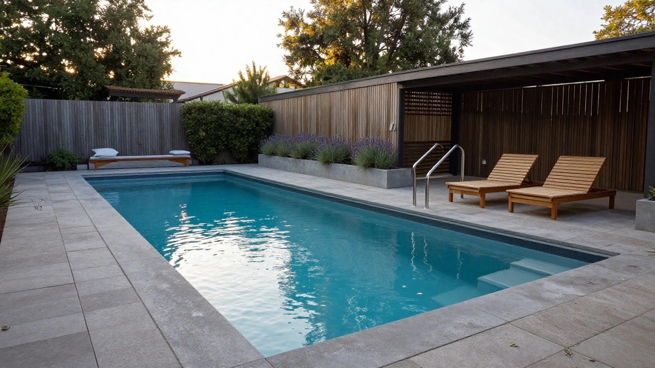 Inground pool with clear blue water bordered by gray stone pavers, two wooden chaise lounges and a small table on the deck nearby, fire pit area, plants, and wooden house wall in the background.