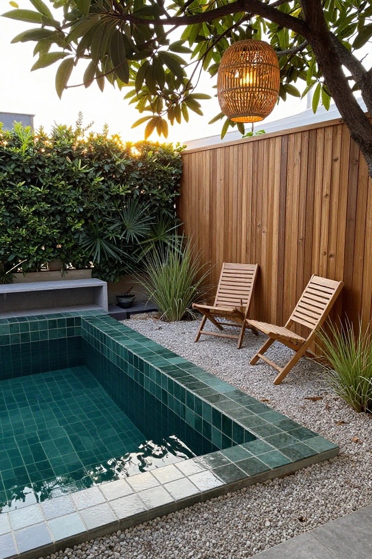 Small rectangular inground pool lined with green mosaic tiles, edged by white gravel, with two folding wooden chairs, potted plants, wooden fence, hedges, and a hanging rattan lantern nearby under a tree at dusk.