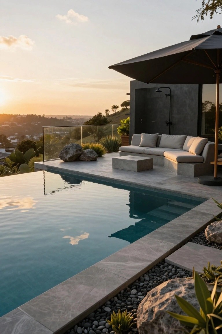 Infinity-edge inground pool with gray stone tiled deck, L-shaped beige outdoor sofa and cube coffee table, large boulders and pebble mulch with plants, black cantilever umbrella, outdoor shower on textured wall, and glass balustrade overlooking hills at sunset.