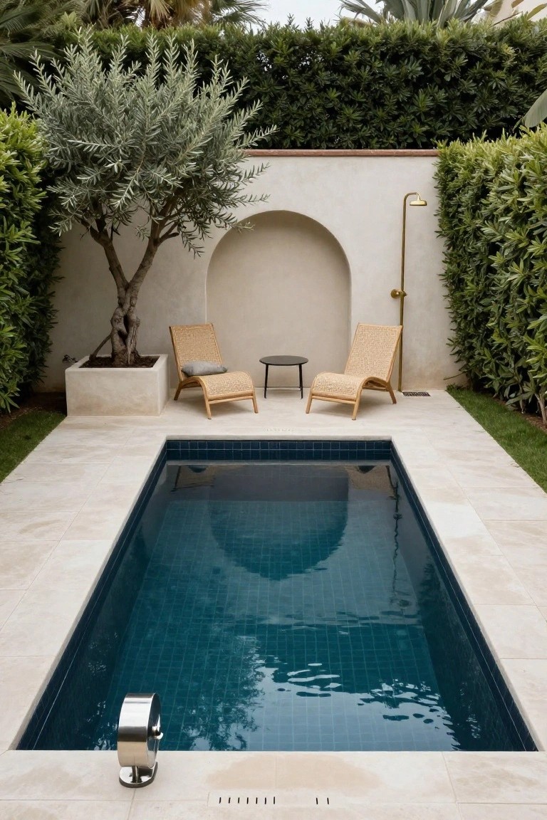 A narrow rectangular inground pool with dark blue tiles in a travertine-paved courtyard surrounded by beige walls, an olive tree in a white planter, two rattan lounge chairs with cushions, a small round table, and a gold outdoor shower head.