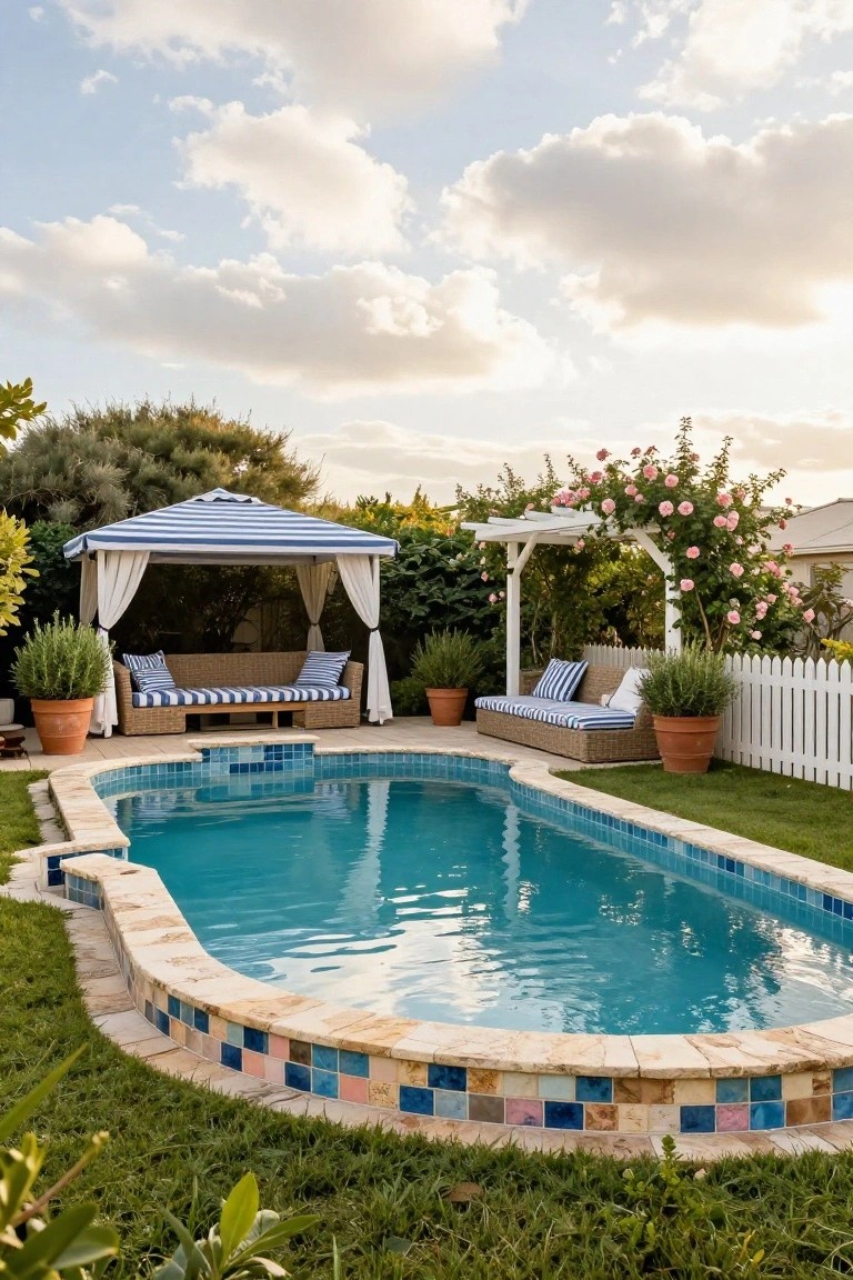 Oval turquoise inground pool with colorful tiled edges and beige stone coping, adjacent to a blue-and-white striped canvas cabana with white curtains sheltering rattan sofas and blue cushions, potted plants, white picket fence, rose-covered pergola, hedges, and grass under partly cloudy skies.