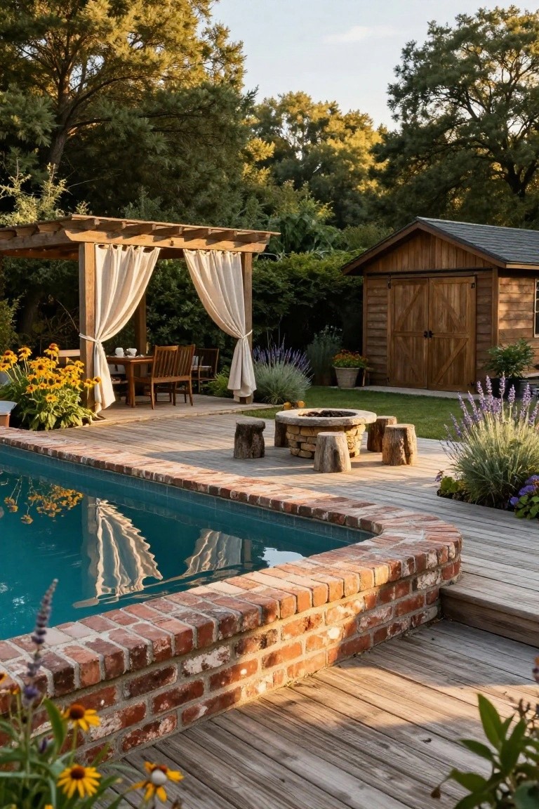 Inground pool with brick edging and adjacent wooden deck holding a central stone fire pit surrounded by tree stump stools, nearby pergola with draped curtains over a dining table, wooden shed, and surrounding flowers and shrubs.