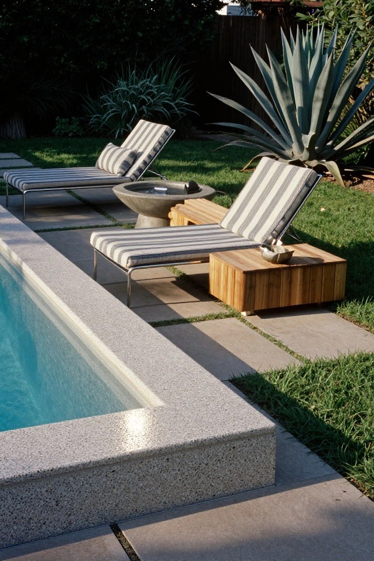 Inground pool with terrazzo edge surrounded by pavers and grass, two adjustable striped lounge chairs, a wooden side table with a ceramic bowl, and tall agave plants in the background.