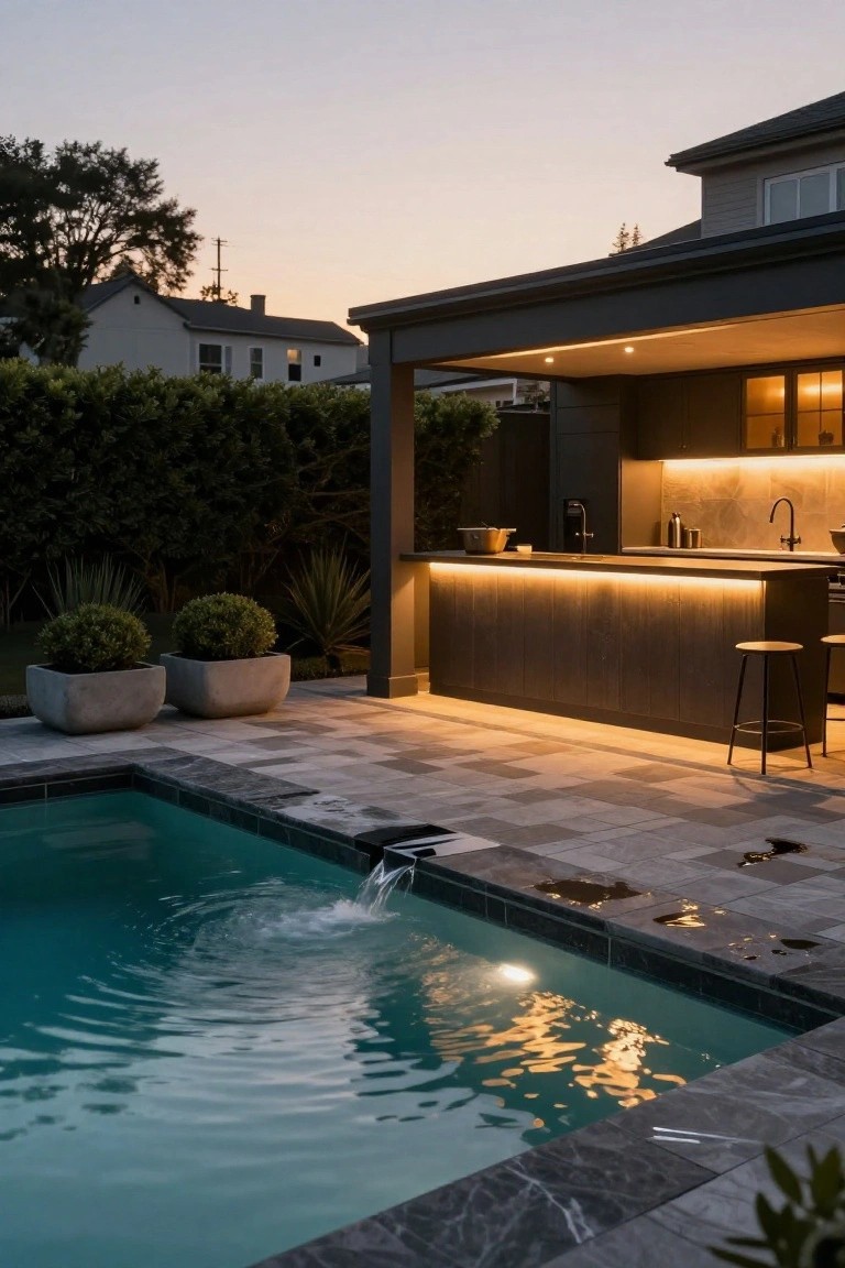 Inground pool with waterfall edge next to a covered outdoor kitchen featuring dark wood cabinets, LED underlighting, bar stools, potted plants, and tiled decking at dusk.