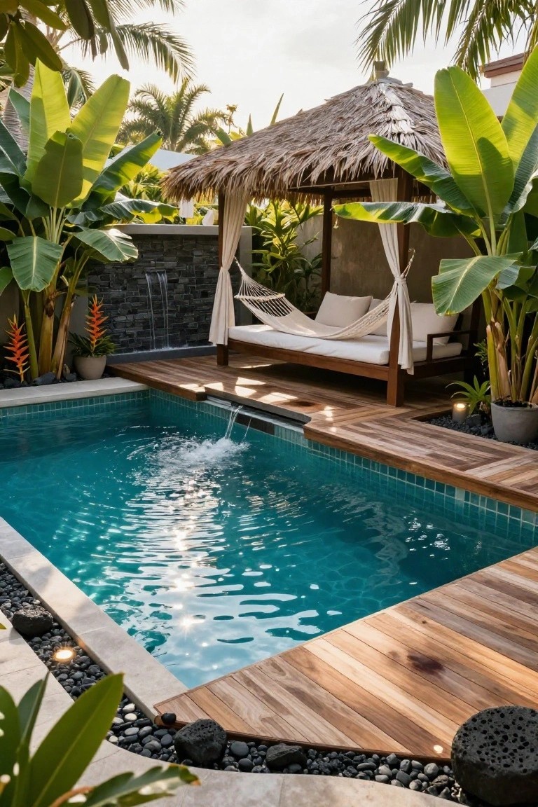 Inground turquoise-tiled pool with wooden deck surround, thatched pavilion featuring white draped hammock daybed, stone waterfall wall, tropical plants, and black pebble accents.