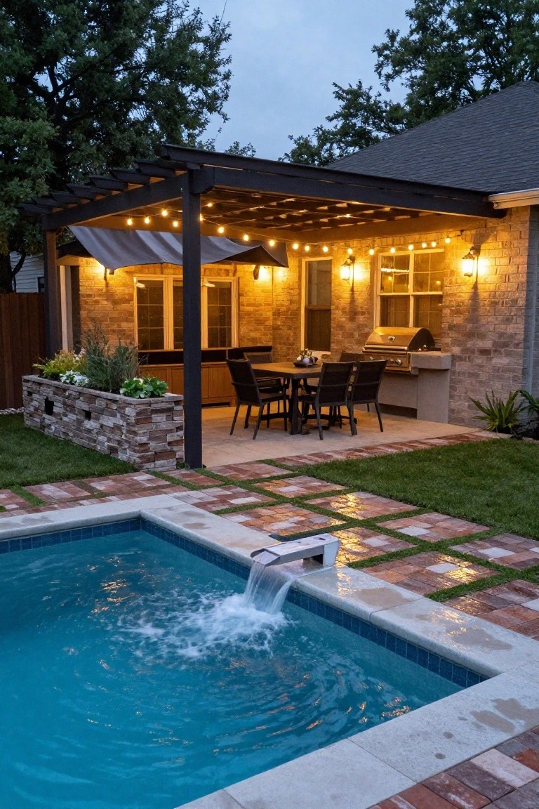 Backyard inground pool with waterfall edge next to pergola-covered outdoor kitchen including grill, counter, dining table with chairs, string lights, planter boxes, and brick paver patio surrounded by grass and plants.