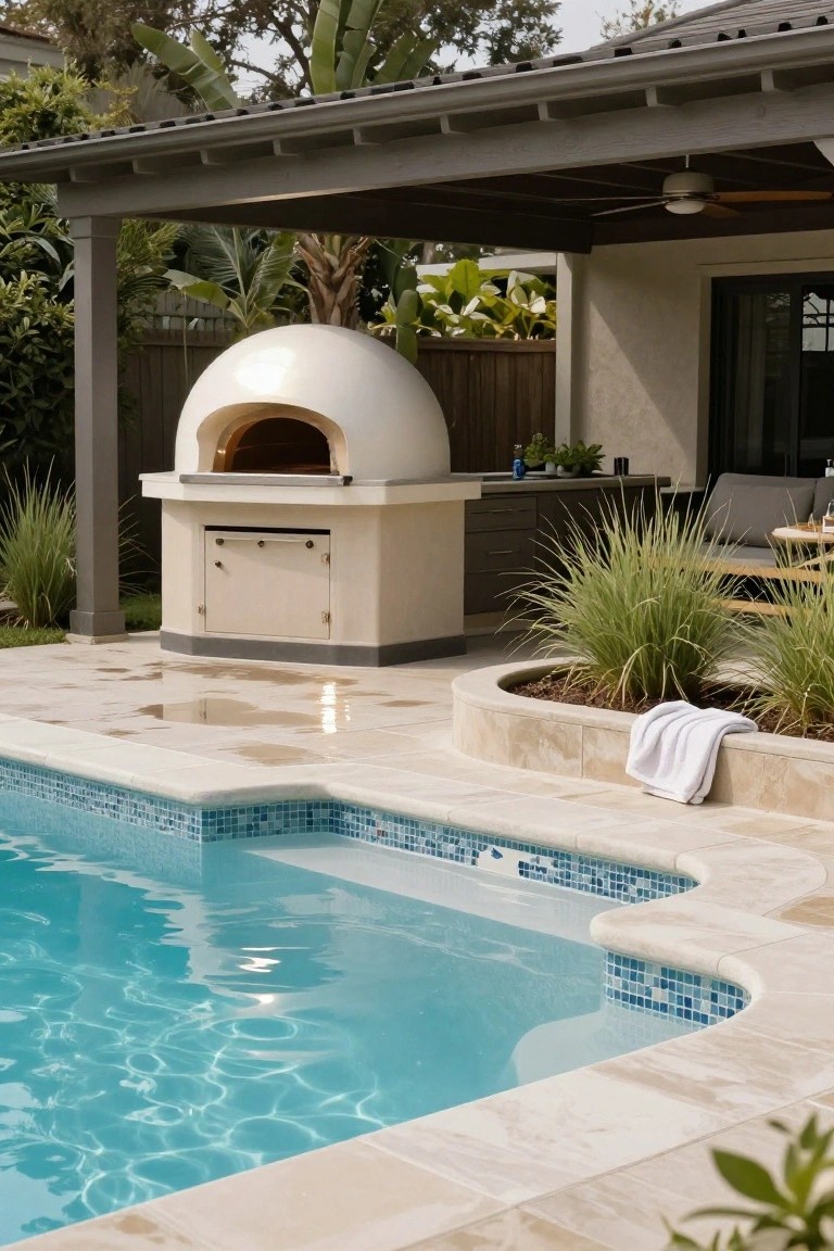 White domed wood-fired pizza oven built into a beige cabinet base in an outdoor kitchen next to a turquoise mosaic-tiled inground pool, with tropical plants, lounge seating, and a covered patio nearby.