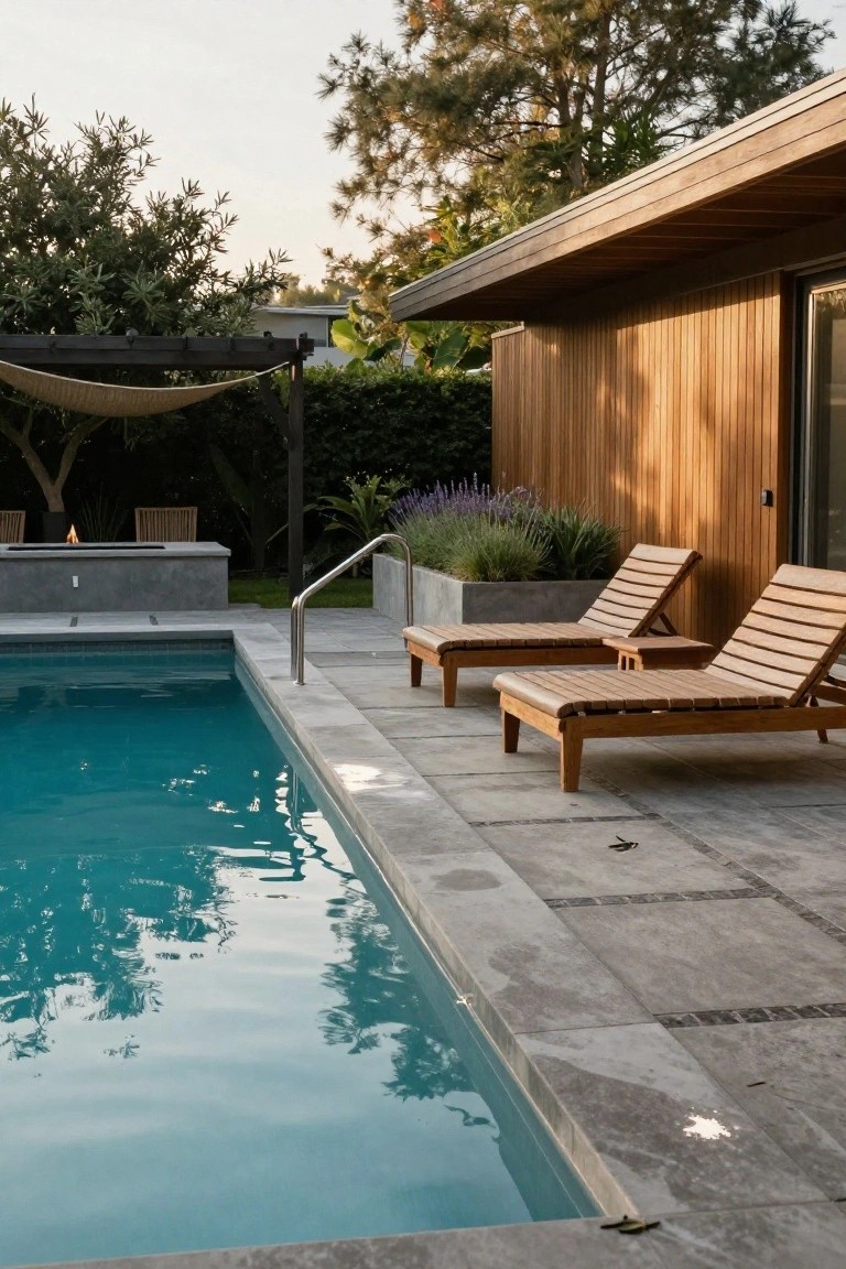 Inground pool with clear blue water bordered by gray stone pavers, two wooden chaise lounges and a small table on the deck nearby, fire pit area, plants, and wooden house wall in the background.