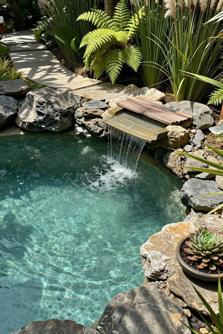 Curved inground pool with water cascading from a wooden spillway over rocks into the turquoise water, surrounded by large boulders, tropical plants, ferns, pampas grass, and a potted succulent.