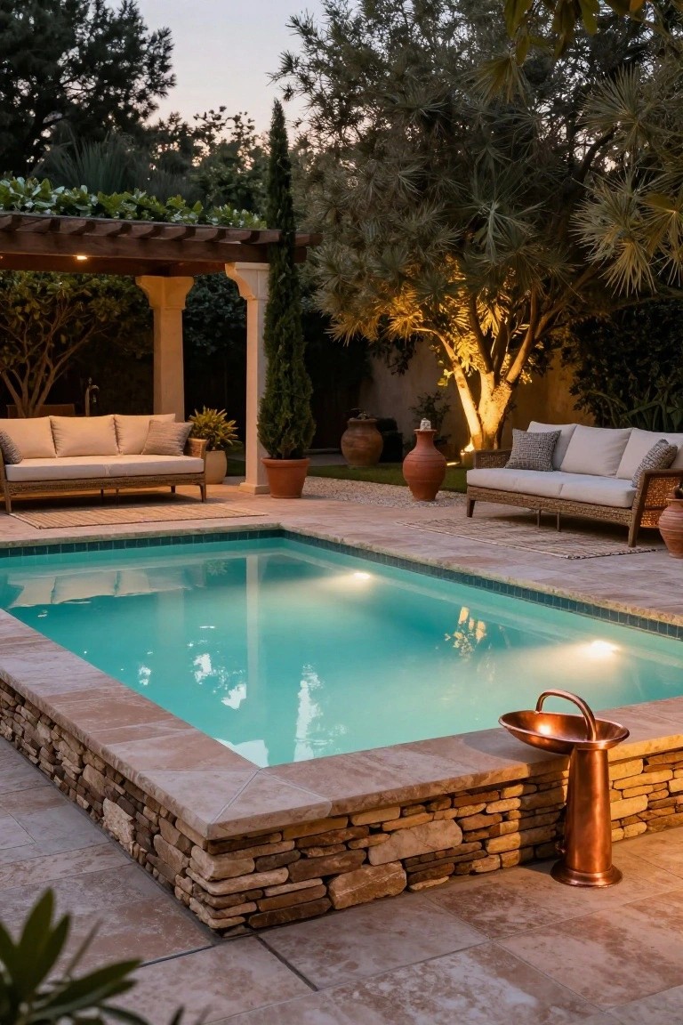 Rectangular inground plunge pool with stacked natural stone edging and underwater lighting, adjacent to neutral fabric sofas under a pergola-covered patio surrounded by potted plants and trees at dusk.