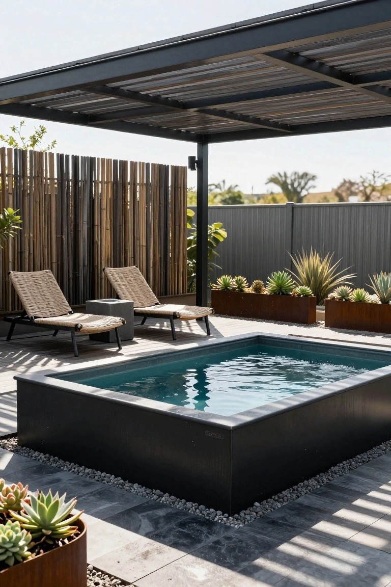 Outdoor patio with rectangular turquoise pool in black frame, two rattan loungers and side table nearby, potted succulents and agaves in metal planters, bamboo fencing, gray pebble deck, and black metal pergola overhead.