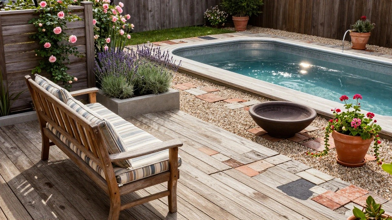 A round blue pool embedded in a wooden deck with brick pavers and gravel, surrounded by potted plants including lavender and roses, a wooden bench, lounge chair, and fence in a backyard.