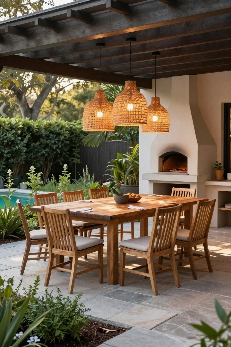 Outdoor patio dining area with wooden table and eight chairs, three hanging rattan pendant lights above, built-in white pizza oven on stone base with pizza inside, swimming pool and plants in background.