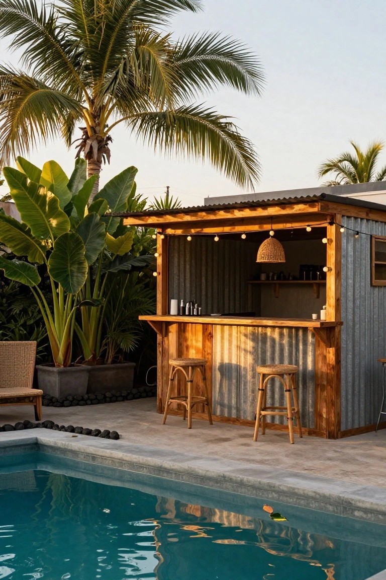 Backyard inground pool next to a corrugated metal bar shack with wooden countertop, rattan barstools, string lights, tropical plants, and palm trees.