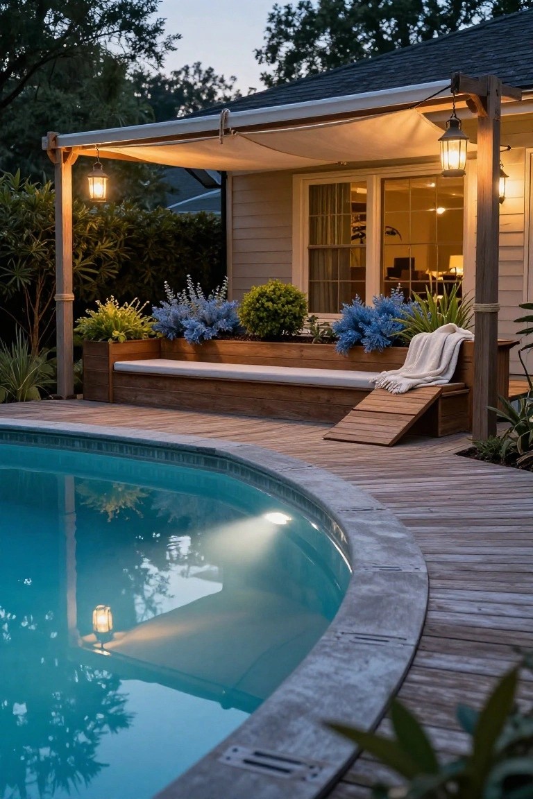 Wooden deck curving around a lit backyard pool at dusk, with built-in bench planter holding blue flowers and a white blanket, under a pergola with hanging lanterns, house windows visible behind.