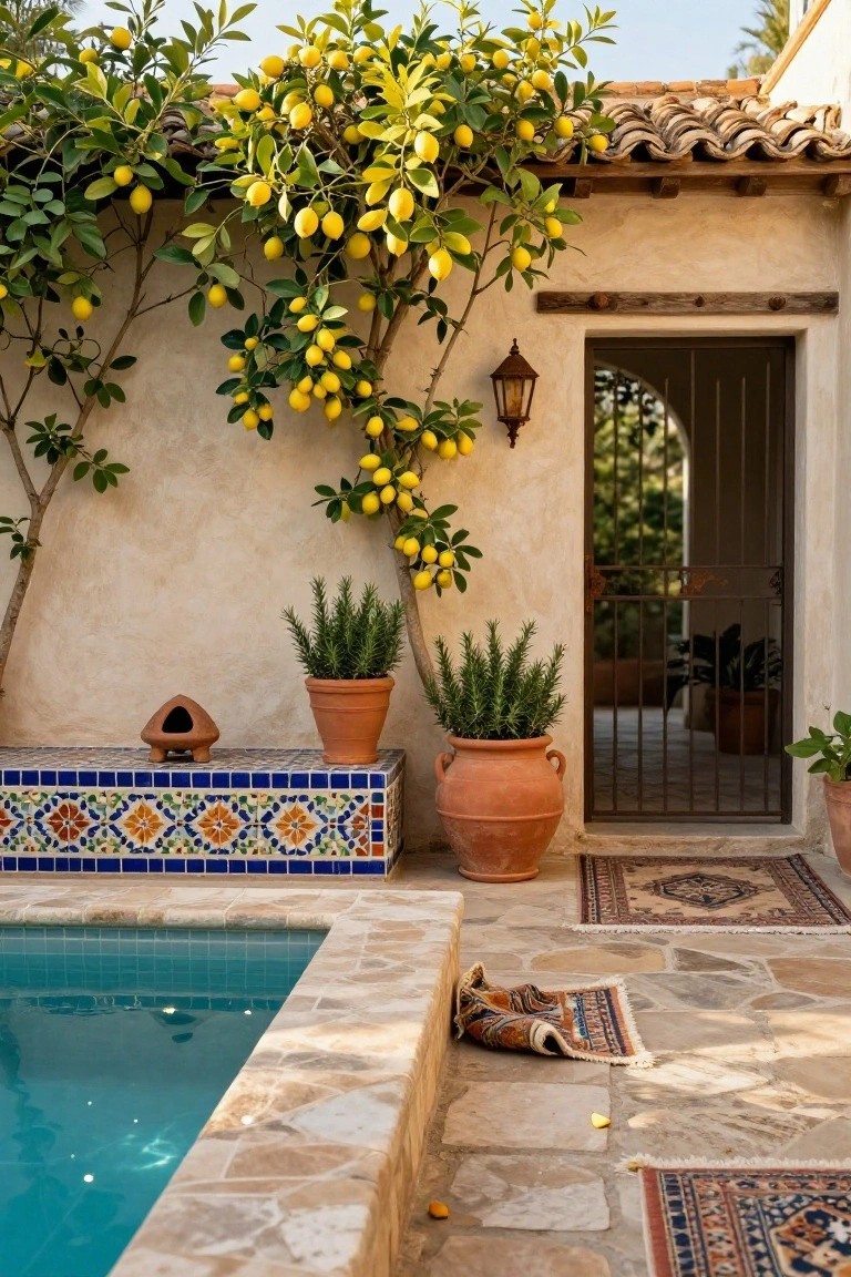 A rectangular blue pool beside a low bench covered in colorful patterned tiles, with terracotta pots of plants, a lemon tree on the wall, rugs on stone paving, and a gated door in a beige stucco exterior wall.