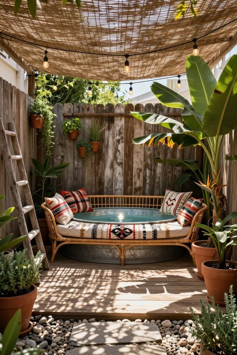 Galvanized stock tank pool with turquoise water encircled by curved rattan daybed and colorful cushions, on a wooden deck surrounded by potted plants, banana trees, ladder, and string lights under reed canopy.