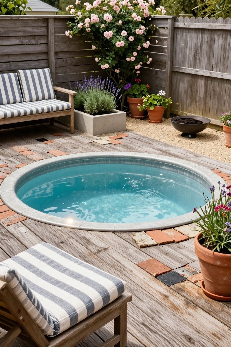 A round blue pool embedded in a wooden deck with brick pavers and gravel, surrounded by potted plants including lavender and roses, a wooden bench, lounge chair, and fence in a backyard.