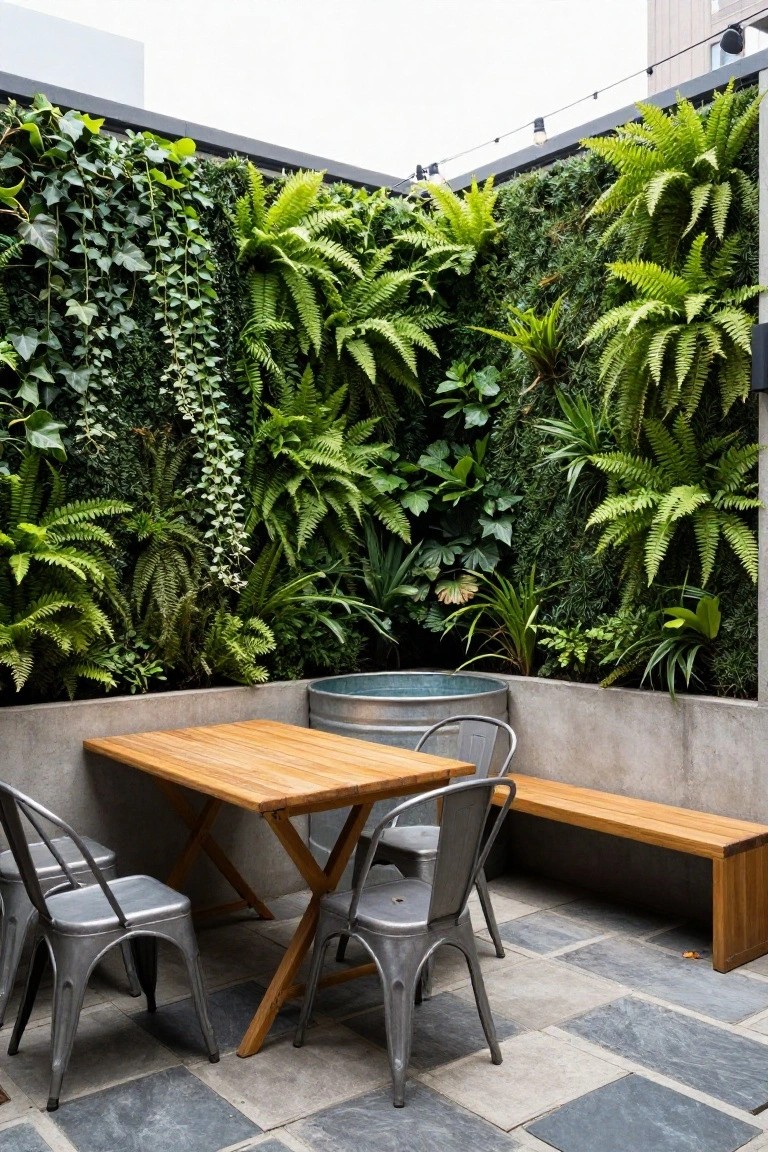Corner outdoor patio with a galvanized stock tank pool, wooden dining table, metal chairs, wooden bench on slate tiles, surrounded by dense vertical green walls of ferns and ivy on concrete surfaces.