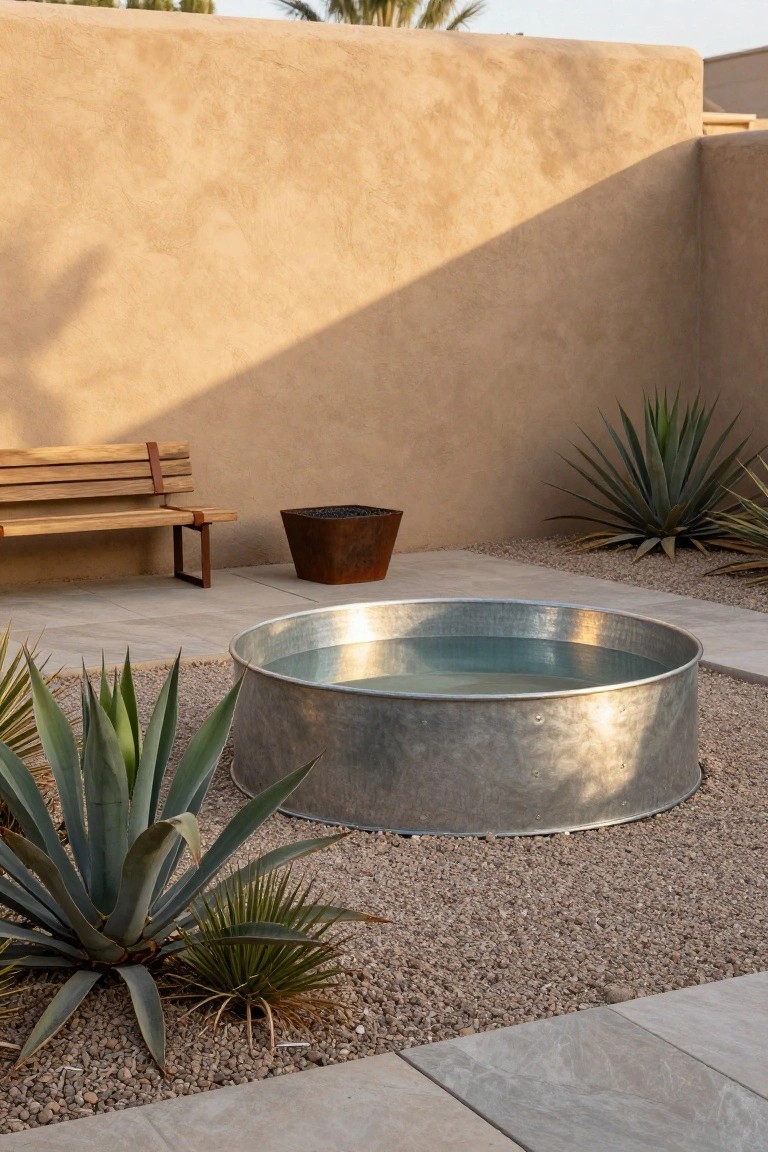 Galvanized metal stock tank pool in a gravel courtyard surrounded by agave plants, with a wooden bench, corten steel planter, and adobe walls.