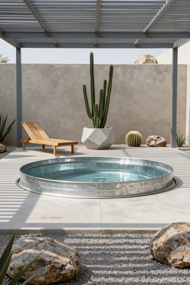 Circular galvanized metal stock tank pool filled with clear water in a concrete patio under a slatted metal pergola, with wooden lounge chair, potted cacti, agave plants, and rocks against a beige stucco wall.