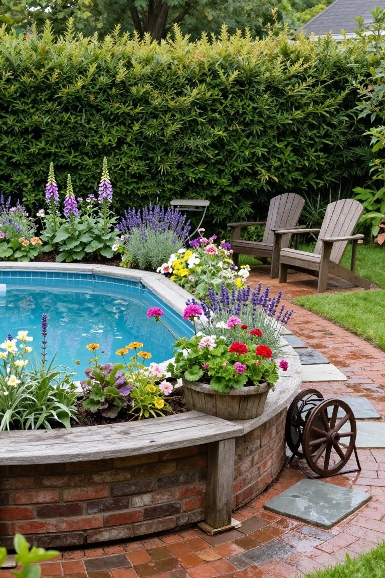 18 Stylish Above Ground Pool Landscaping Designs That Impress Instantly Octagonal above-ground pool with rustic brick and wood surround overflowing with colorful flowers including lavender and salvia, Adirondack chairs on brick path nearby, hedges in background.
