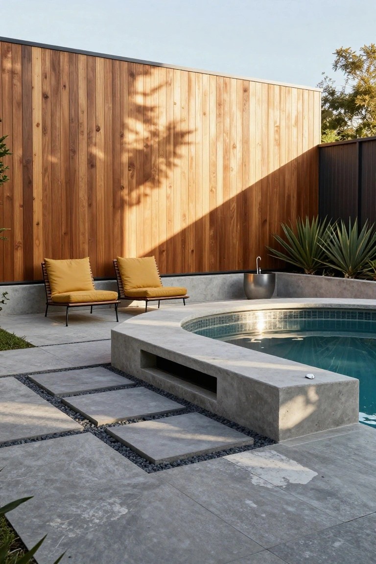 18 Stylish Above Ground Pool Landscaping Designs That Impress Instantly Curved gray concrete bench along the edge of a small blue-tiled pool, flanked by two yellow cushioned lounge chairs on metal frames, gray pavers with pebble-filled gaps, agave plants, a metal container plant, and a tall wooden fence.