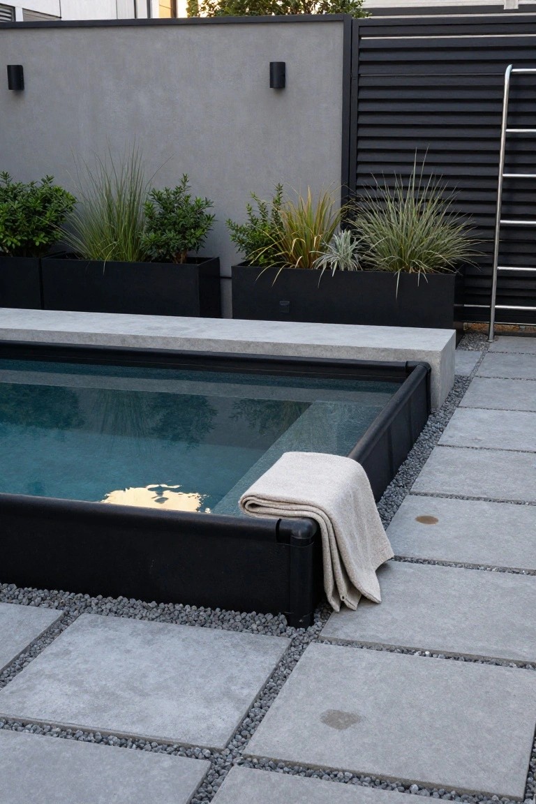 18 Stylish Above Ground Pool Landscaping Designs That Impress Instantly Above-ground pool with black frame set into gray concrete deck and bench, towel draped on edge, potted grasses in black containers nearby, gray pavers with pebble borders, and dark slatted metal fence.