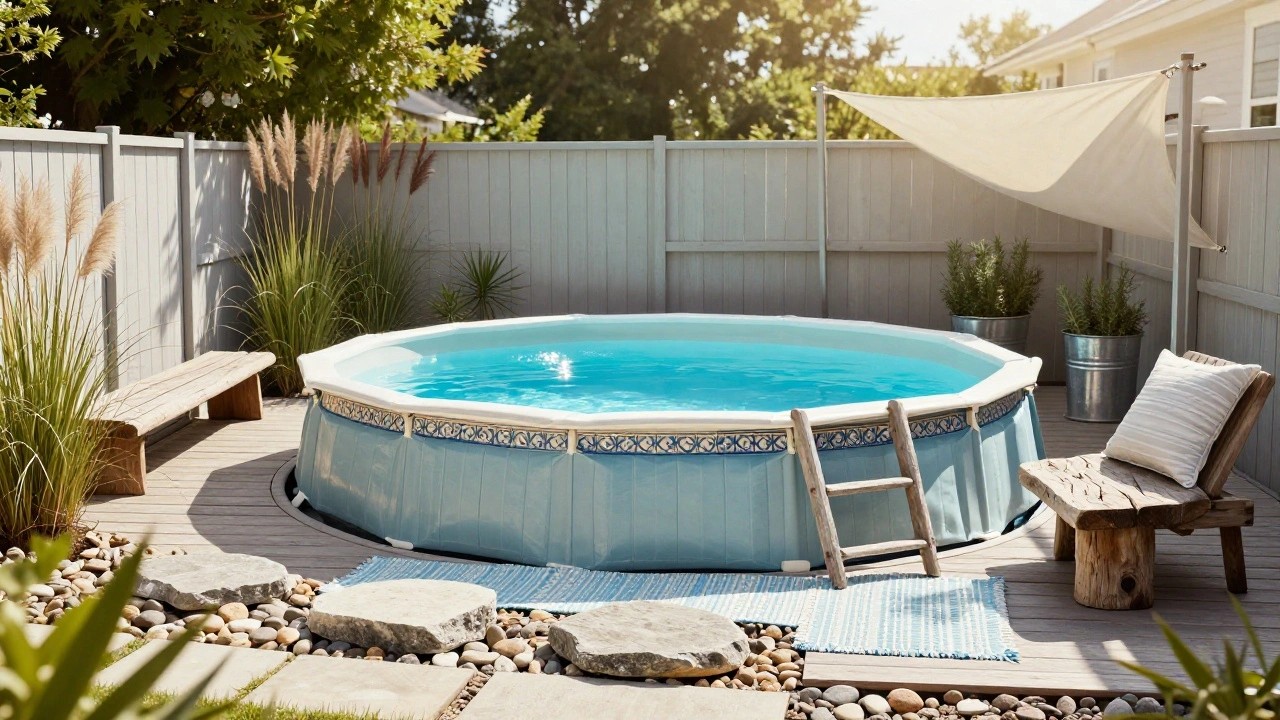 Above-ground pool with light blue walls and decorative white trim filled with water, encircled by a curved wooden bench with steps and a pillow, under a beige shade sail against a white fence, surrounded by potted rosemary plants, pampas grass, and a stone path in a gravel yard.