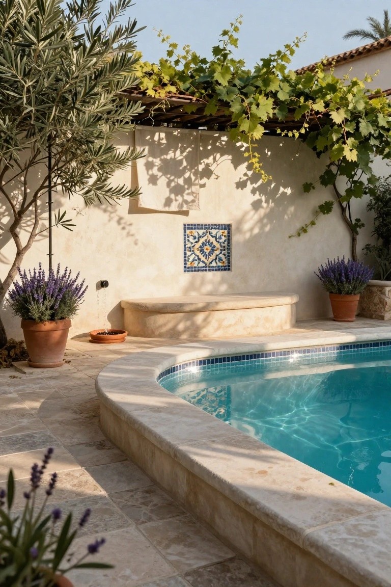 18 Stylish Above Ground Pool Landscaping Designs That Impress Instantly Curved beige stone bench along the edge of a turquoise above-ground pool, with terracotta pots of lavender, olive trees, grapevines on pergola, and a white wall featuring a blue mosaic tile.