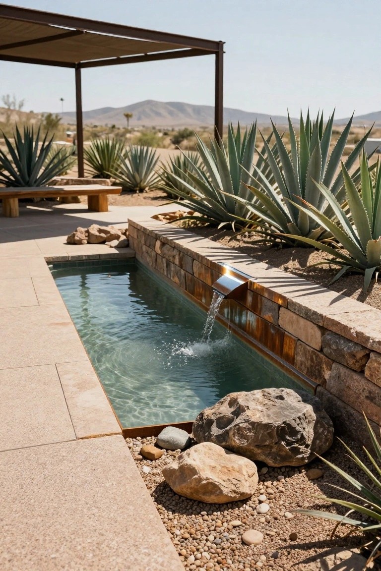 18 Stylish Above Ground Pool Landscaping Designs That Impress Instantly Narrow rectangular pool with water cascading from a thin metal sheet embedded in a stone retaining wall, lined with agave plants and rocks on beige pavers in a desert setting with mountains in the background.