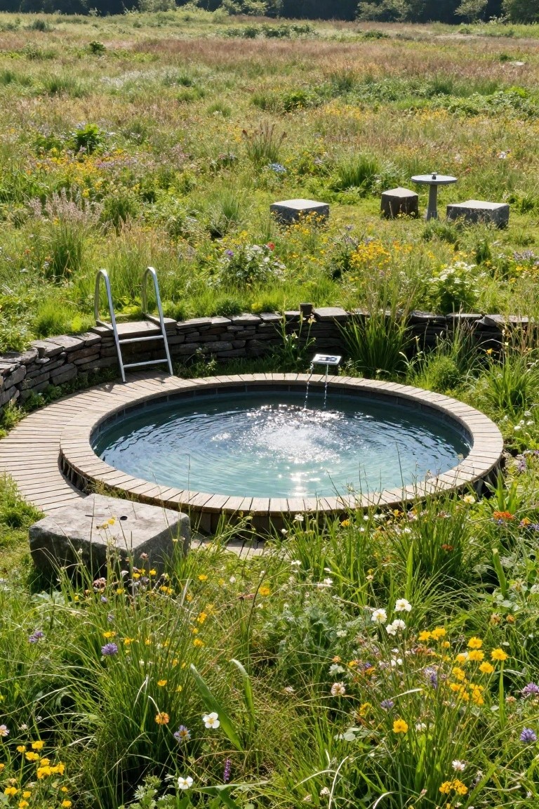 18 Stylish Above Ground Pool Landscaping Designs That Impress Instantly Round above-ground pool with metal ladder and central fountain, set on a curved brick deck with stone retaining wall, surrounded by wild grasses and wildflowers, stone stools and pedestal table nearby in a meadow.
