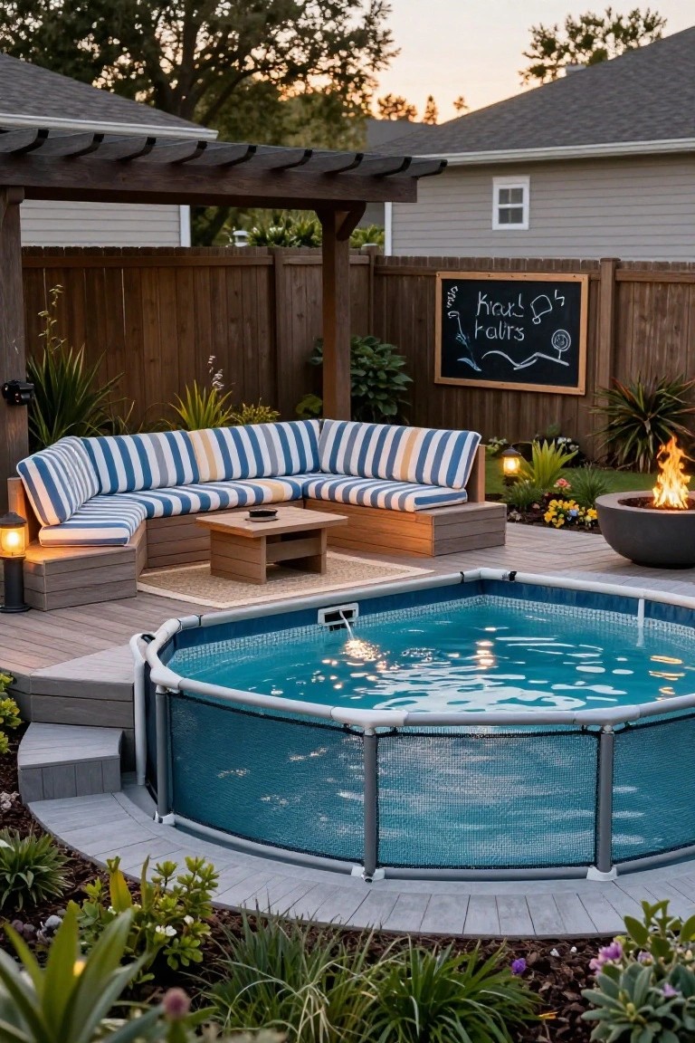 18 Stylish Above Ground Pool Landscaping Designs That Impress Instantly Backyard scene with round above-ground pool on curved gray decking, L-shaped blue and white striped cushioned bench seating under wooden pergola, low wooden table, two lanterns, potted fire pit, plants, and wooden fence with chalkboard.