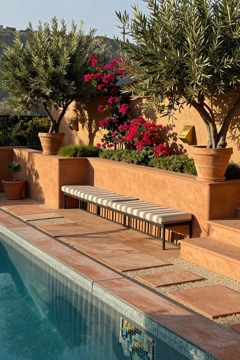 18 Stylish Above Ground Pool Landscaping Designs That Impress Instantly Terracotta raised wall with built-in metal bench and striped cushions beside a mosaic-tiled swimming pool edge, surrounded by potted olive trees, bougainvillea, and gravel paths.