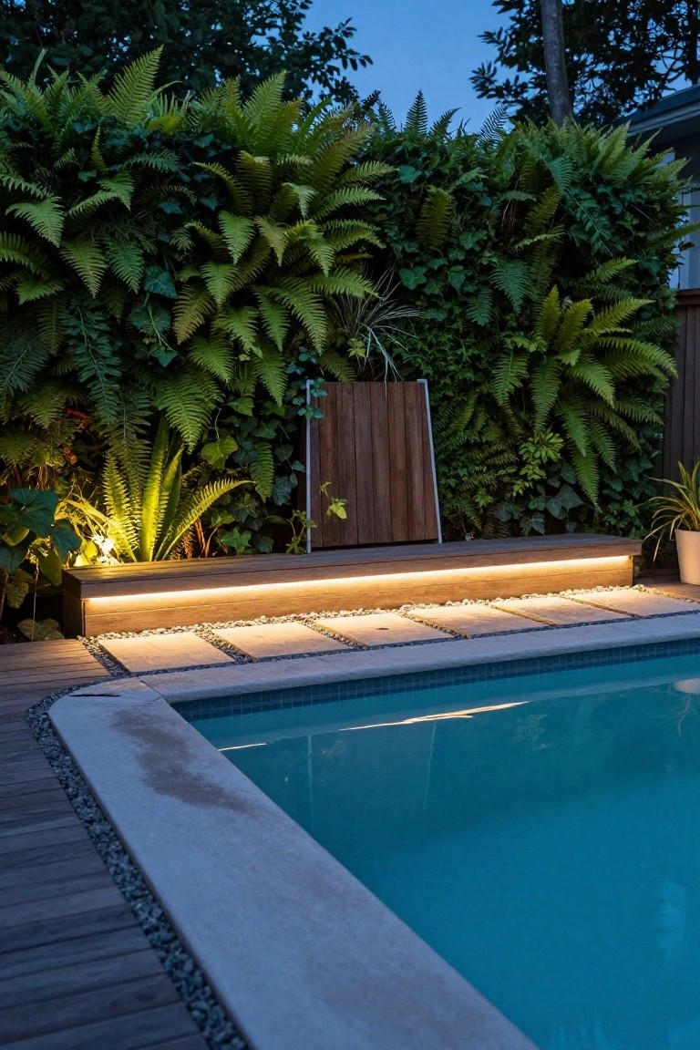 18 Stylish Above Ground Pool Landscaping Designs That Impress Instantly Above-ground pool at dusk surrounded by lush ferns and tropical plants, with a recessed wooden bench on the deck edge featuring warm LED strip lighting underneath, pebble stepping stones nearby, and wooden decking along the poolside.