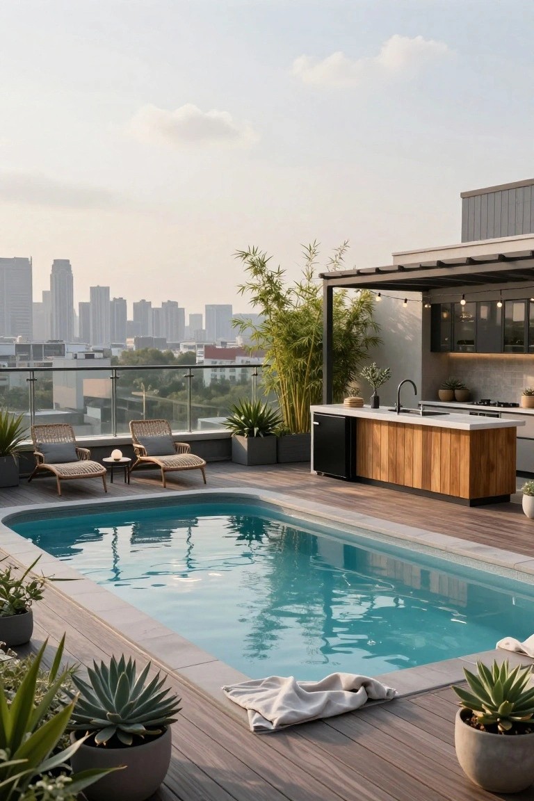 18 Stylish Above Ground Pool Landscaping Designs That Impress Instantly Rooftop terrace with turquoise rectangular pool, wooden outdoor kitchen island with sink and appliances, rattan lounge chairs, potted plants, bamboo screen, and city skyline in background.