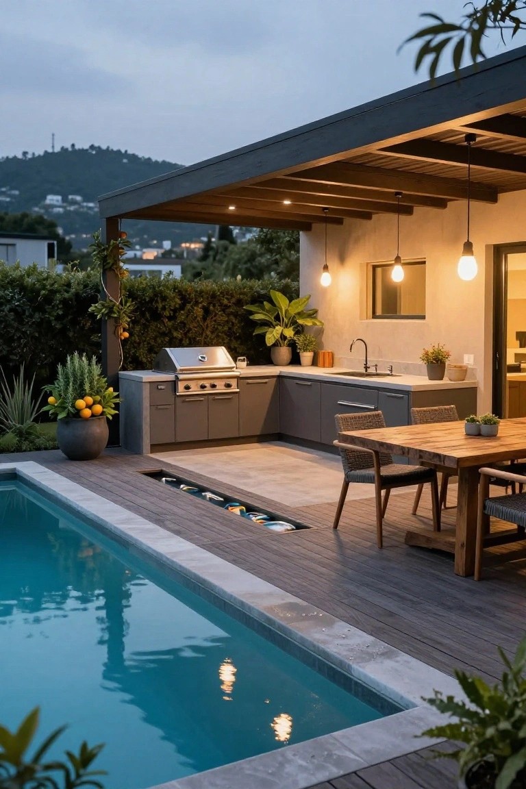 18 Stylish Above Ground Pool Landscaping Designs That Impress Instantly Outdoor kitchen with gray cabinets, stainless steel grill, sink, and wood dining table next to a turquoise above-ground pool edged in tile and gray stone, surrounded by potted plants and wood decking.