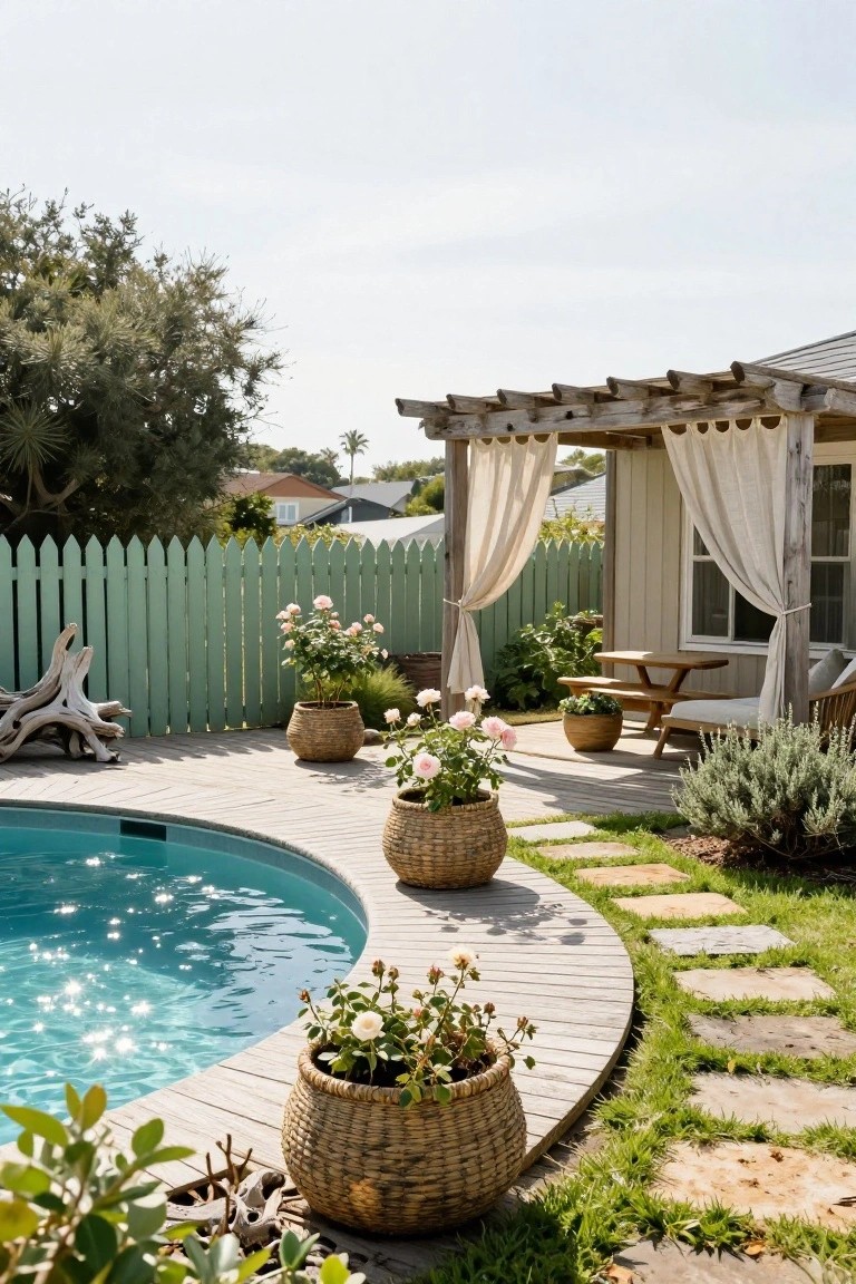 18 Stylish Above Ground Pool Landscaping Designs That Impress Instantly Potted Plants Edge the Pool Deck