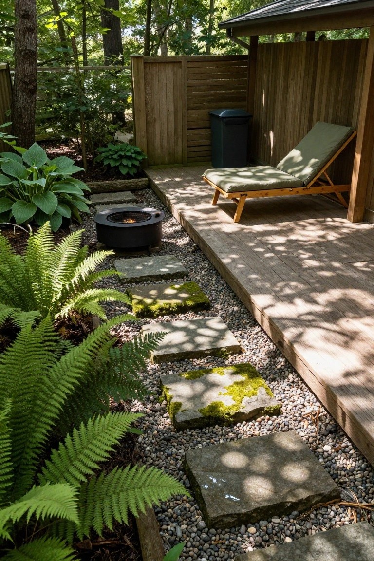 18 Stylish Above Ground Pool Landscaping Designs That Impress Instantly Backyard garden path of mossy irregular stone steps set in gravel, bordered by dense ferns and hostas, leading to a wooden deck with green lounge chair and black circular fire pit beside a wooden fence and trees.