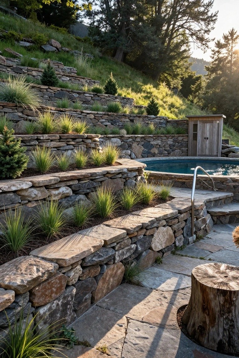 18 Stylish Above Ground Pool Landscaping Designs That Impress Instantly Sloped hillside with multiple levels of dry-stacked natural stone retaining walls planted with ornamental grasses and small evergreens, curving around a round above-ground hot tub with metal steps and railing, next to a wooden shed structure.